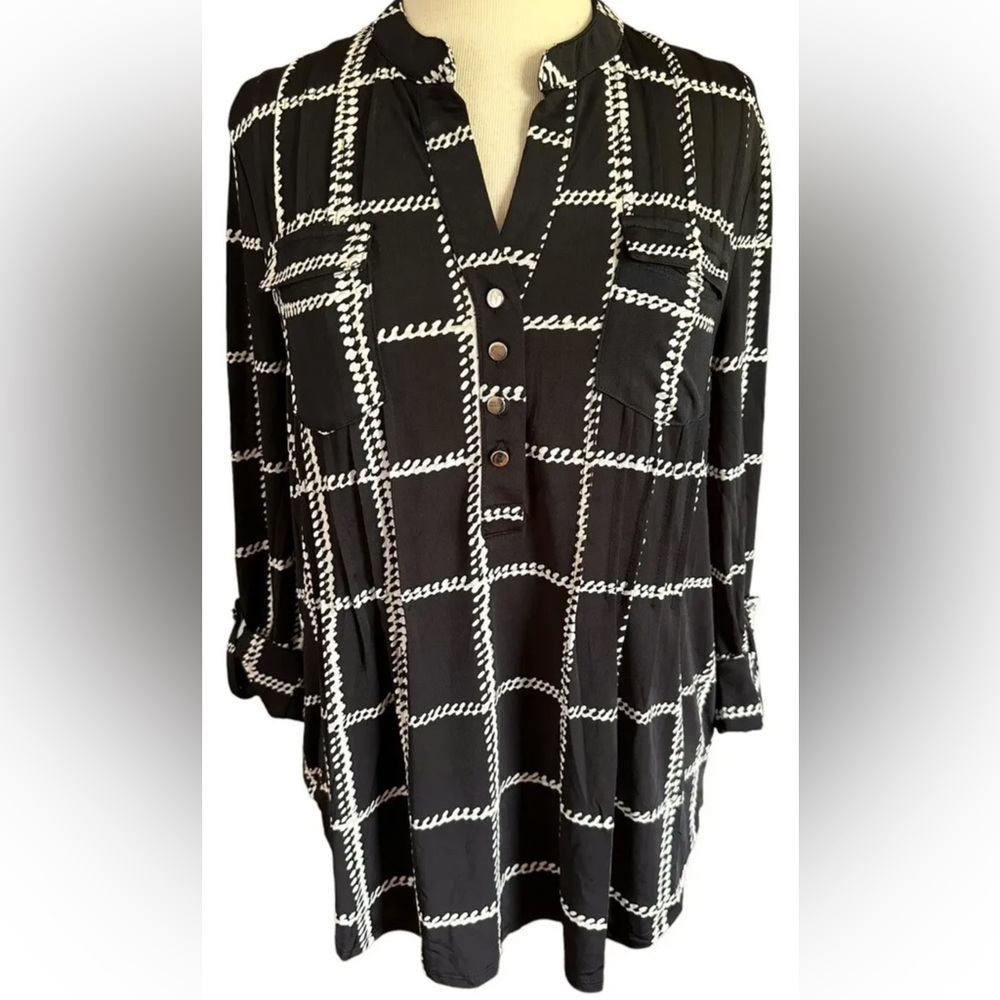 COCOMO XL Black White 3/4 sleeve women’s Pintuck Blouse top shirt tunic